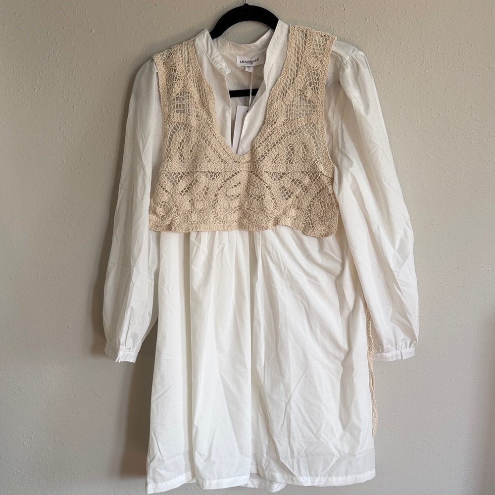 Anna Wear Ivory Cotton Dress with Crochet Beige Vest